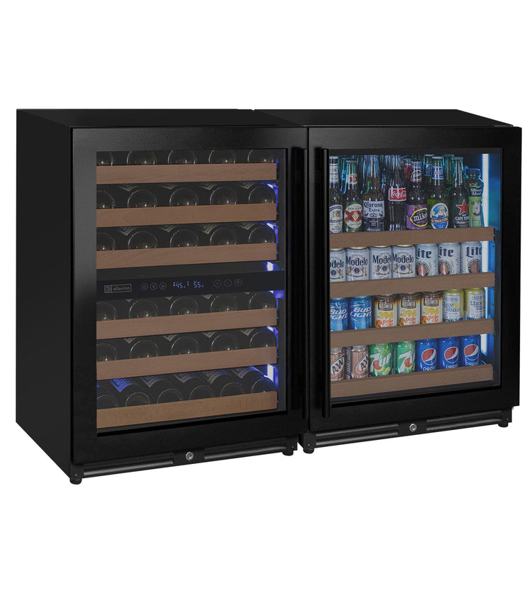 Reserva Series 102 Bottle Three Zone Built-in Luxury Wine Refrigerator & Beverage Center with Black Metal Doors - Side-by-Side