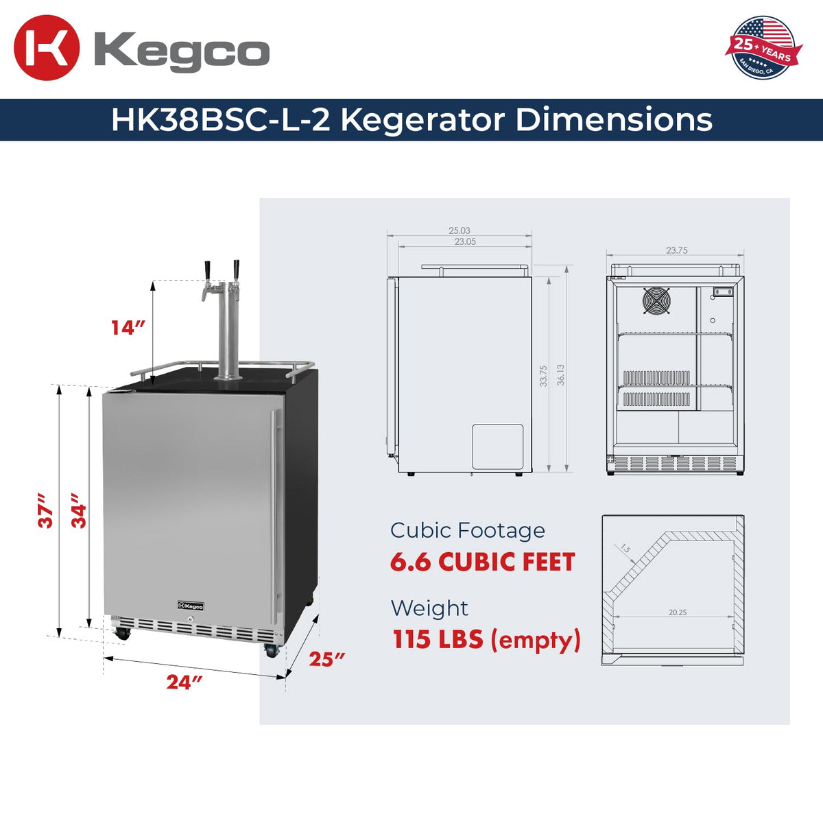 HK38SSC-L-2 Kegerator Dimensions