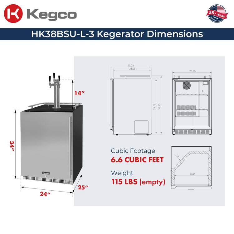 Kegco HK38BSU-L-3 Kegerator Dimensions