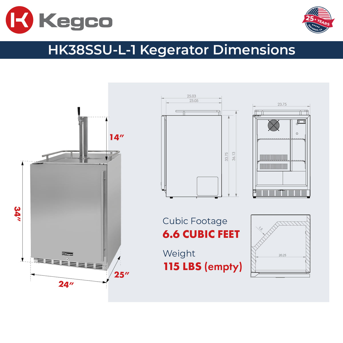 Kegco HK38SSU-L-1 Kegerator Dimensions