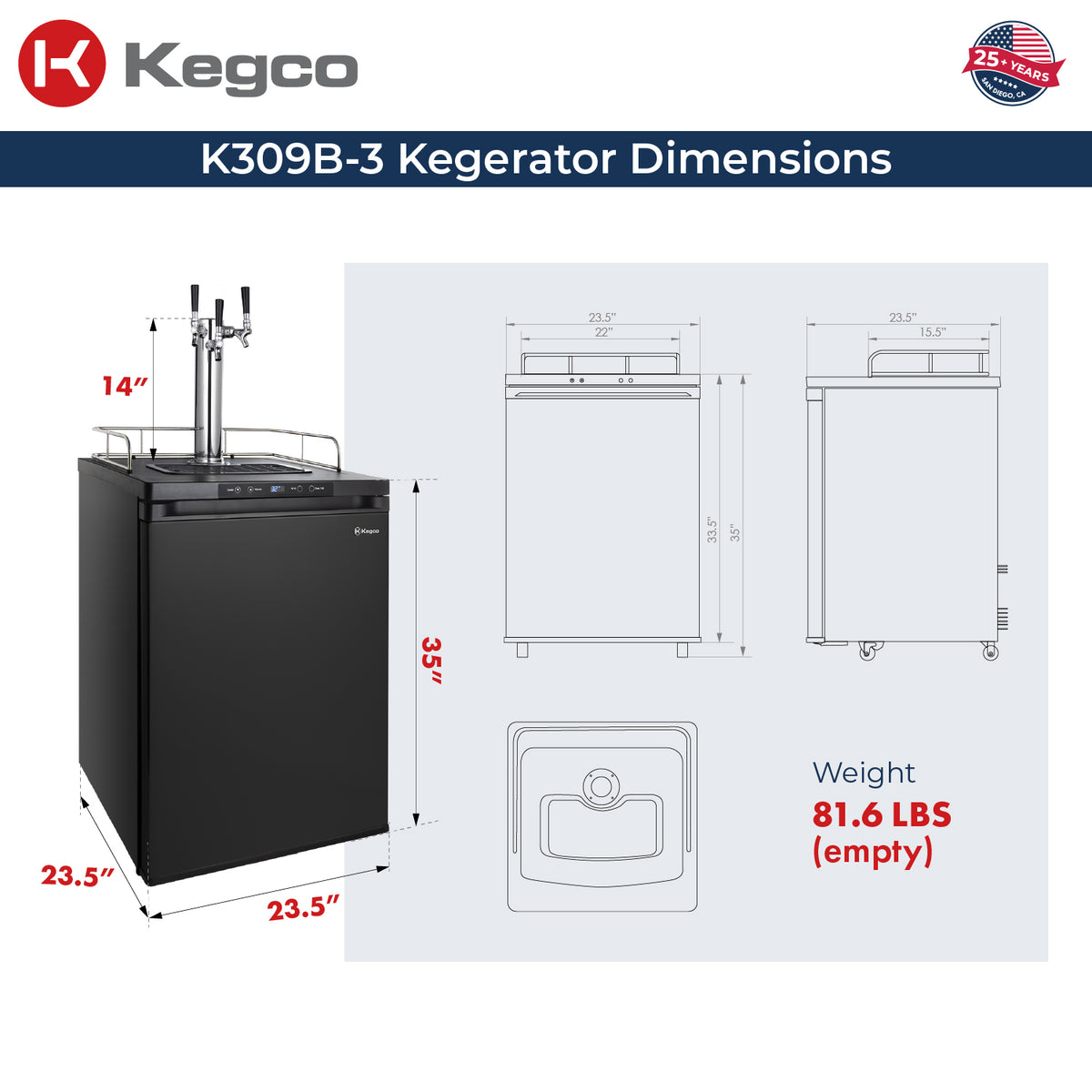 Digital Kegerator K309B-3 Dimensions