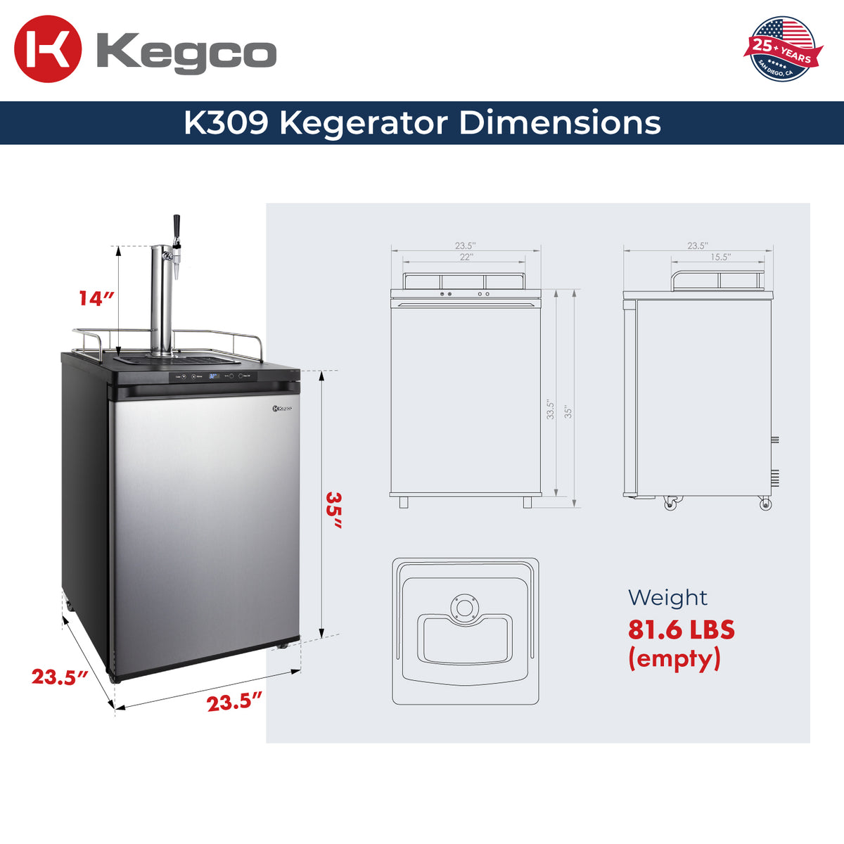 K309 kegerator dimensions