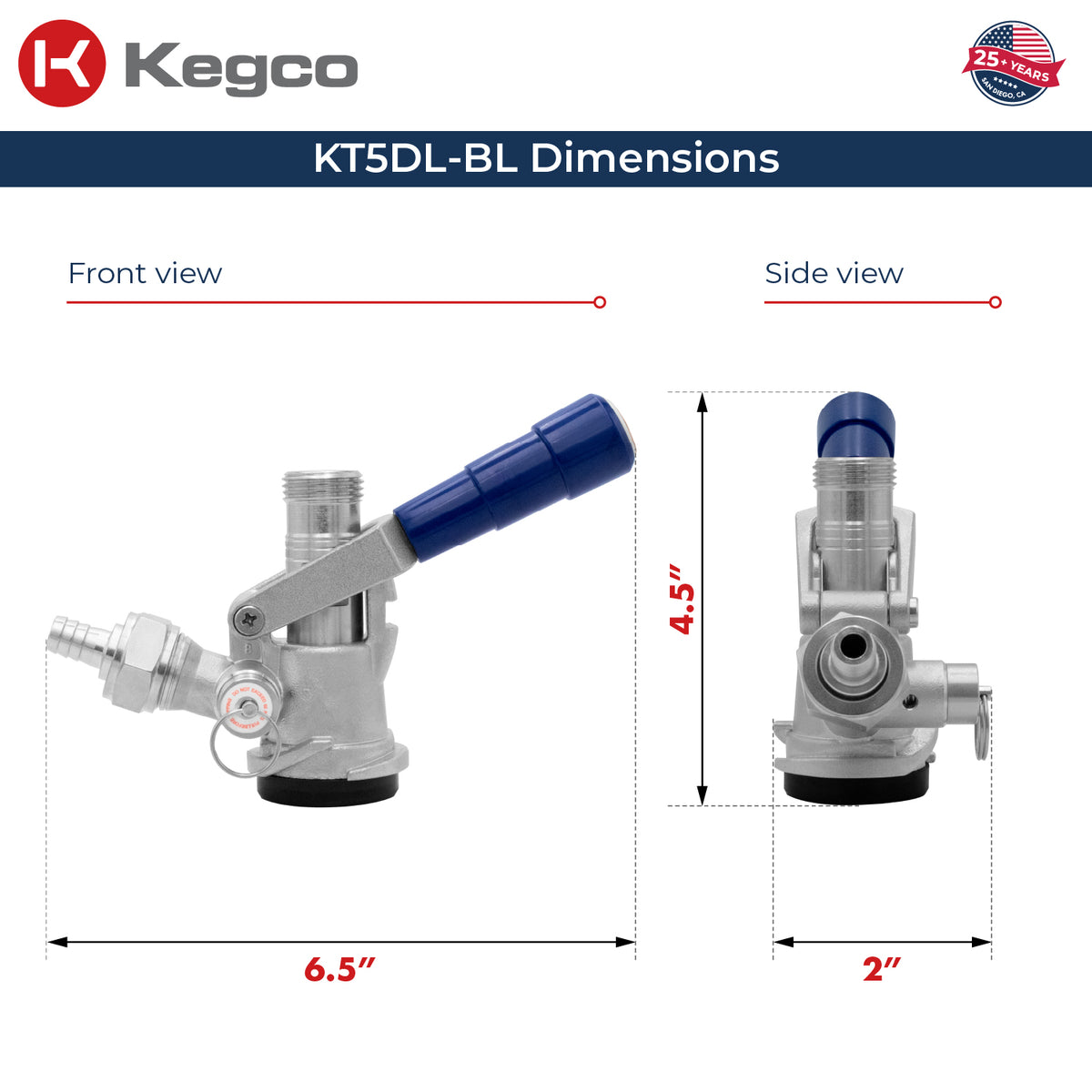 Kegco HU-KT5DL-BL D System Keg Coupler Dimensions
