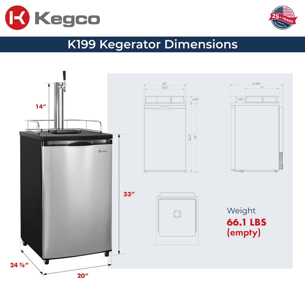 Kegco Cold-Brew Coffee Dispenser dimensions