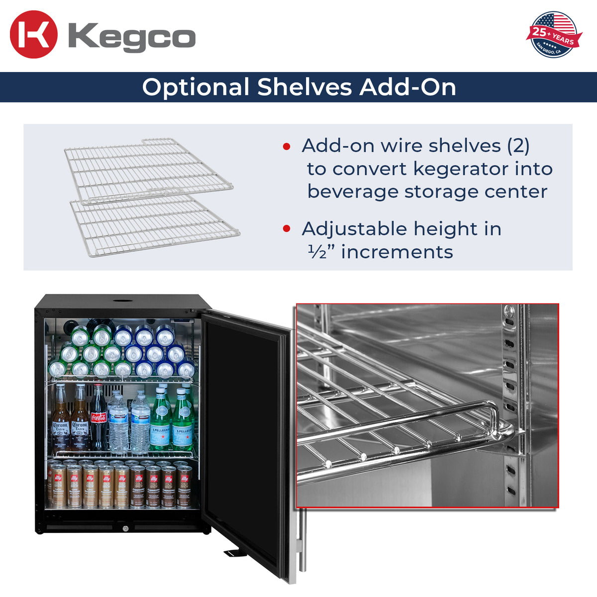 optional add-on shelves to convert to beverage center