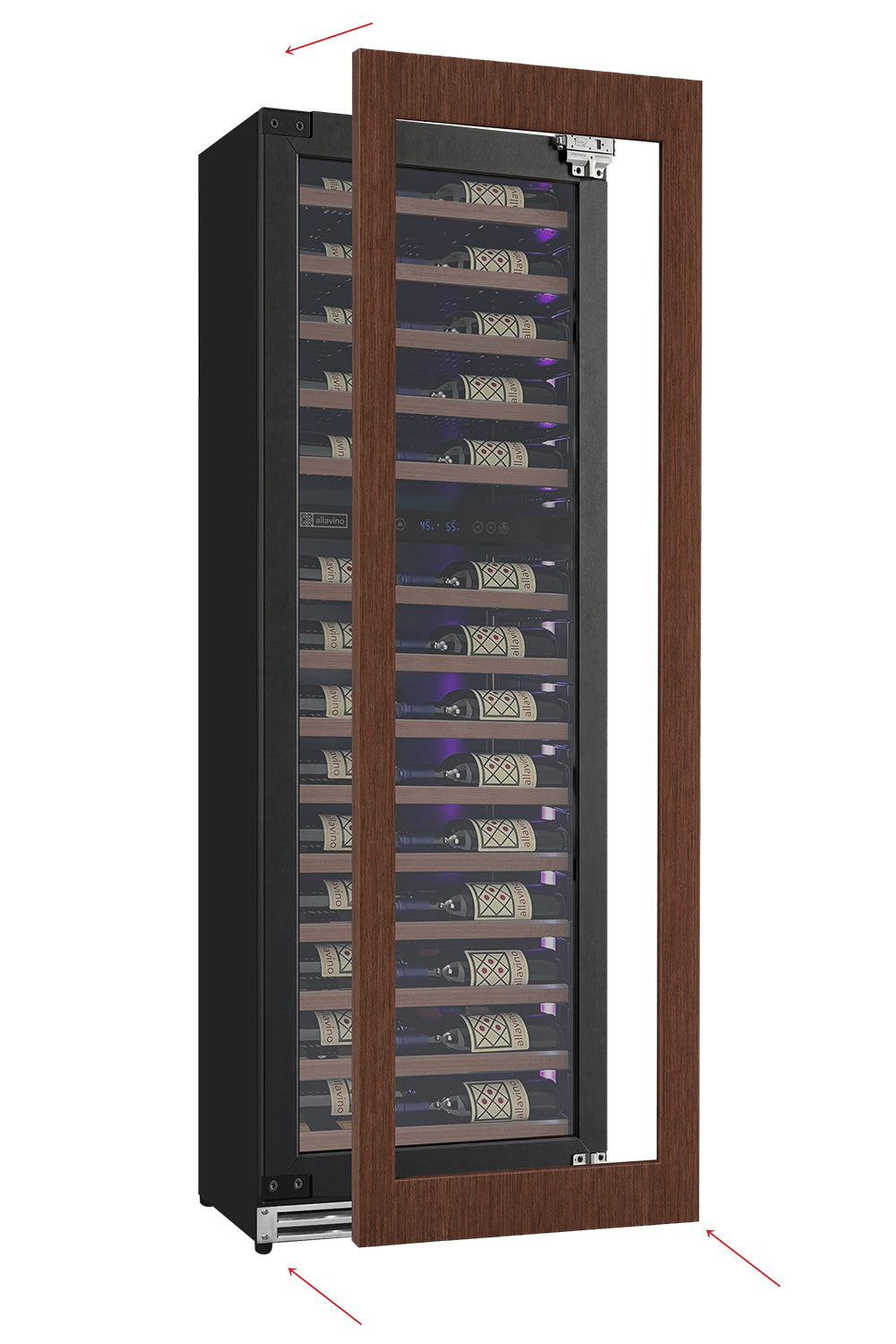 Reserva Series 67 Bottle 71" Tall Dual Zone Right Hinge Panel Ready Overlay Shallow Wine Refrigerator with Wood Front Shelves