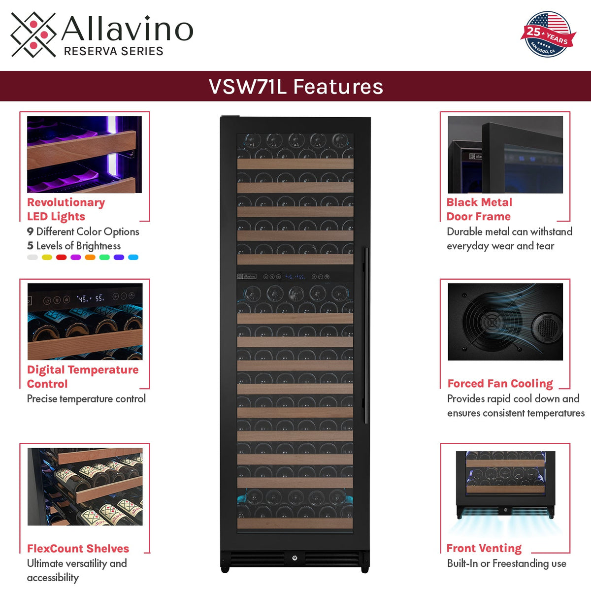 Allavino Reserva VSW71LD-2BL LED wine refrigerator features