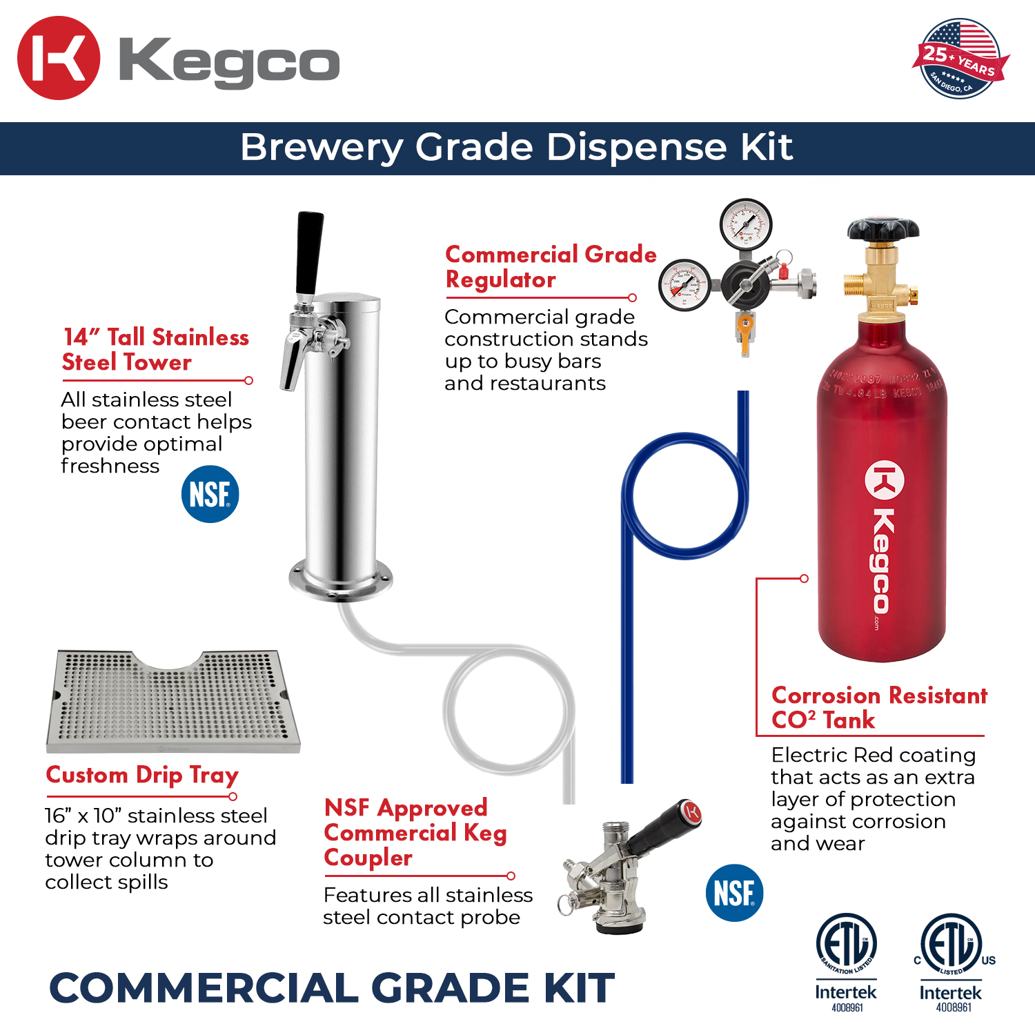 X-CLUSIVE Dispense System includes tower, drip tray, regulator, keg coupler, and CO2 tank