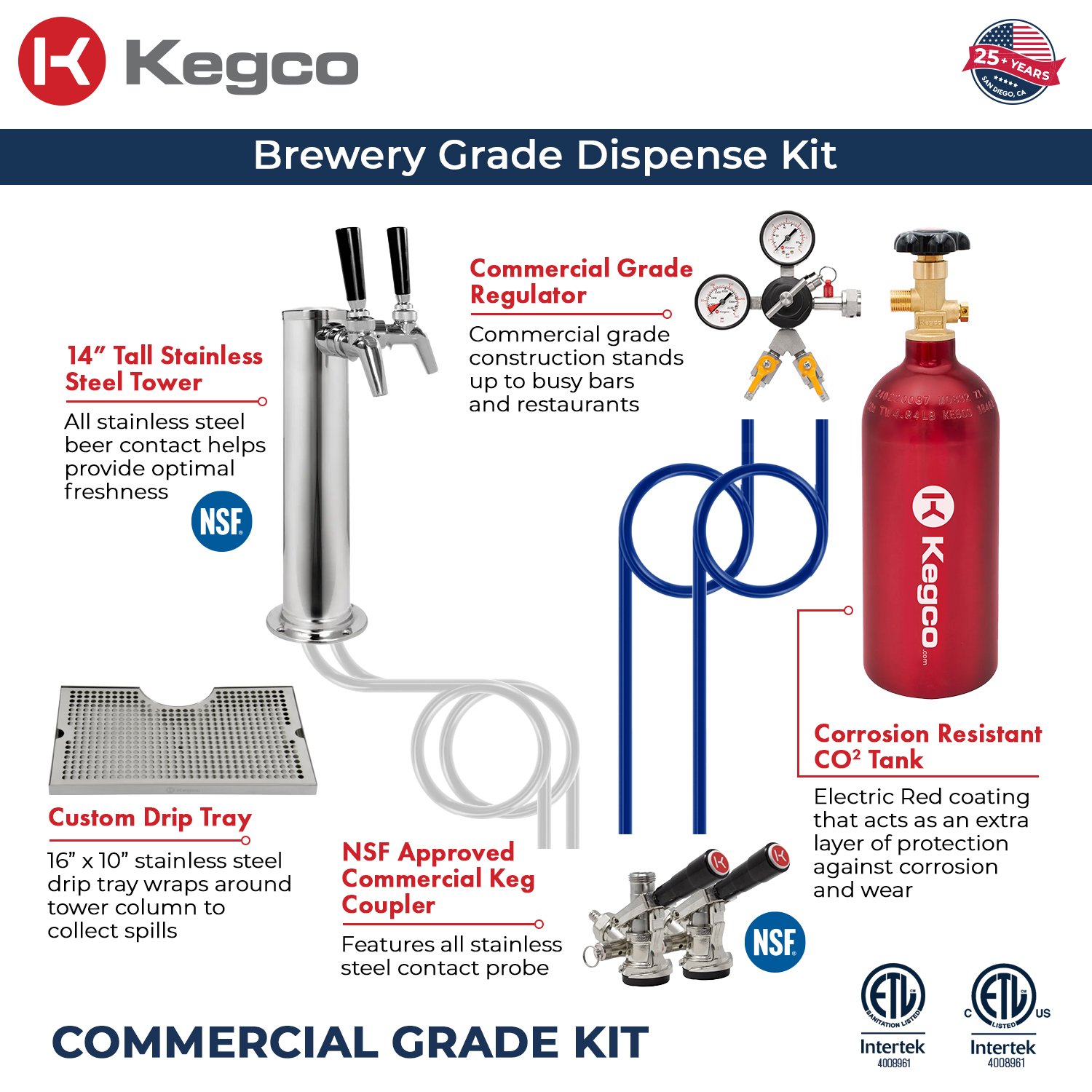 X-CLUSIVE Dispense System includes tower, drip tray, regulator, keg coupler, and CO2 tank