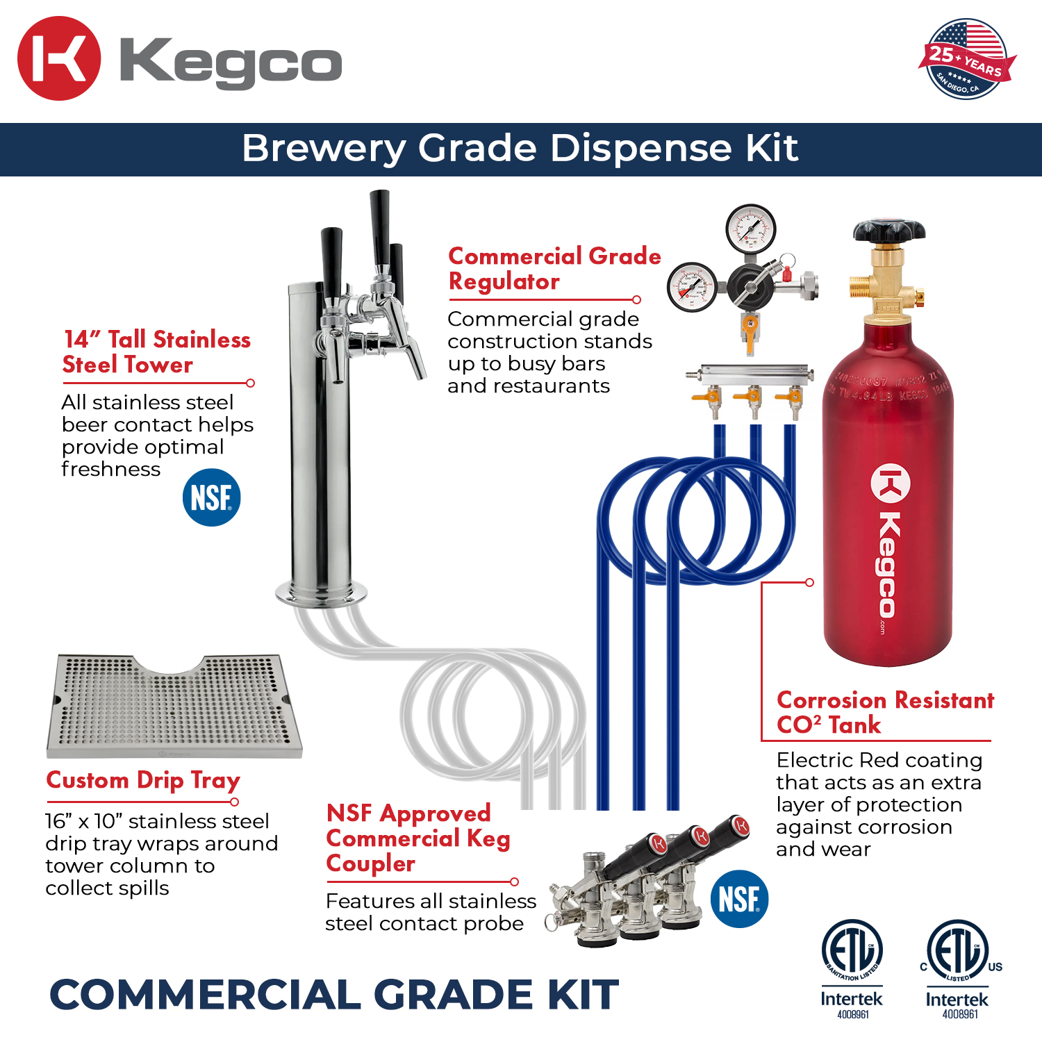 X-CLUSIVE Dispense System includes tower, drip tray, regulator, keg coupler, and CO2 tank